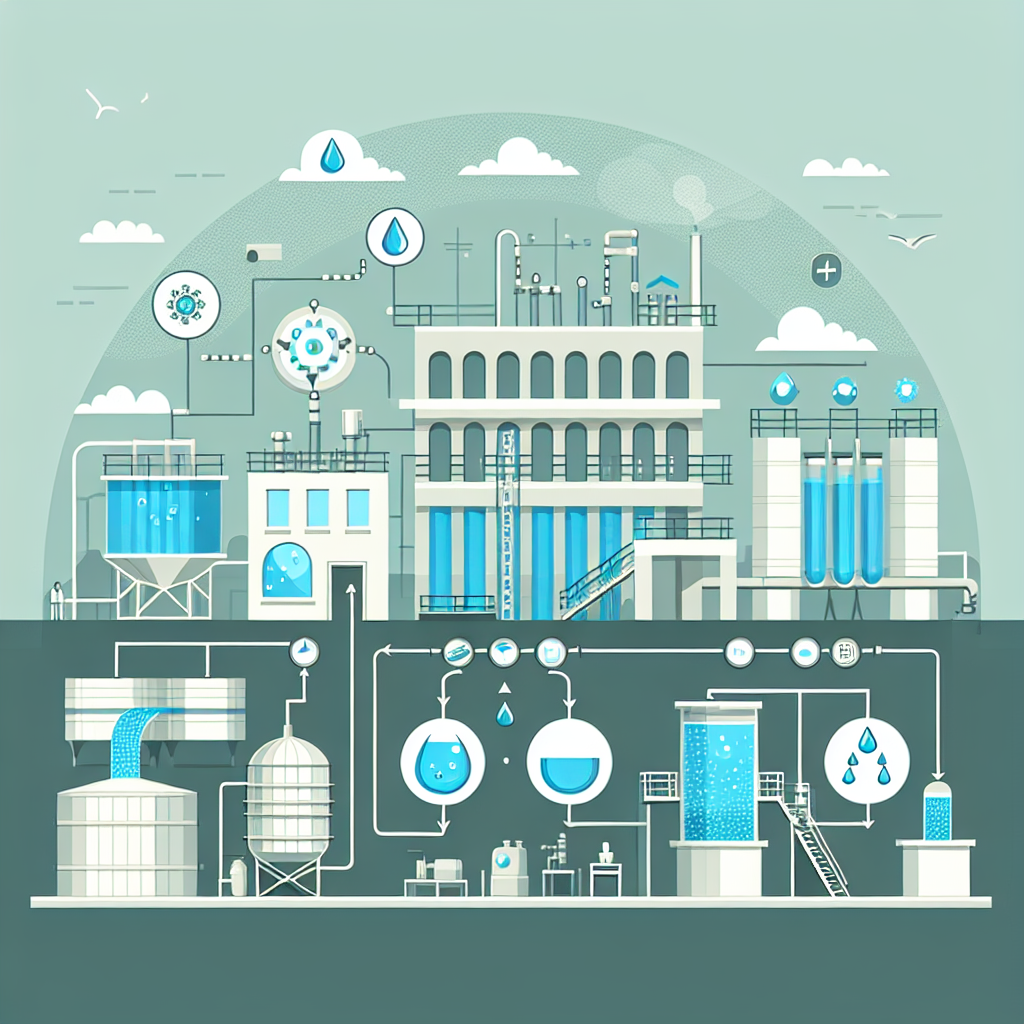 Illustration of a modern water treatment plant showing various stages of water purification, with tanks, pipes, filtration systems, chemical symbols, and water droplets, set against a stylized industrial background.
